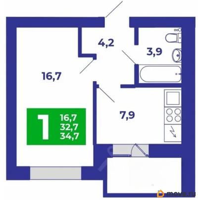 1-комн. квартира, 34.7 м&sup2;