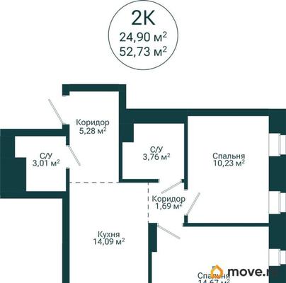 2-комн. квартира, 52.73 м&sup2;