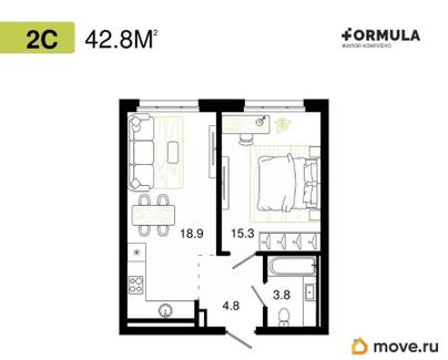 1-комн. квартира, 42.8 м&sup2;