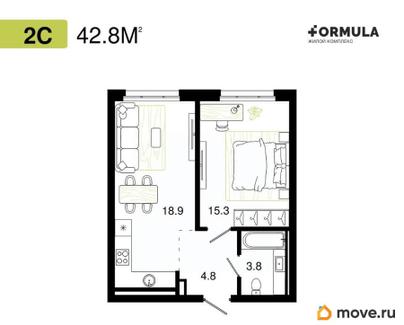1-комн. квартира, 42.8 м&sup2;