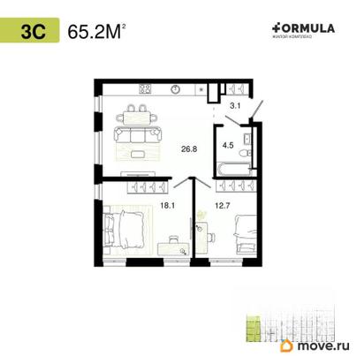 2-комн. квартира, 65.2 м&sup2;