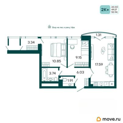 2-комн. квартира, 50.94 м&sup2;