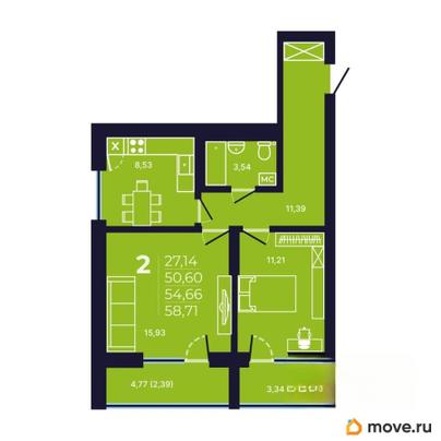 2-комн. квартира, 54.9 м&sup2;