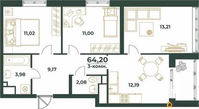 3-комн. квартира, 64.2 м&sup2;