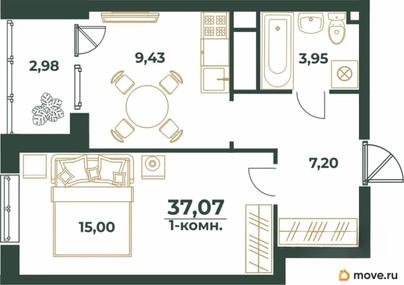 1-комн. квартира, 37.07 м&sup2;