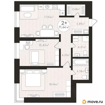 2-комн. квартира, 71.64 м&sup2;