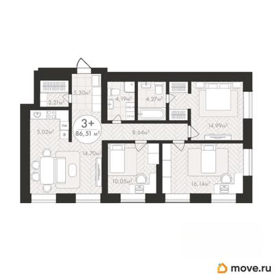 3-комн. квартира, 86.51 м&sup2;