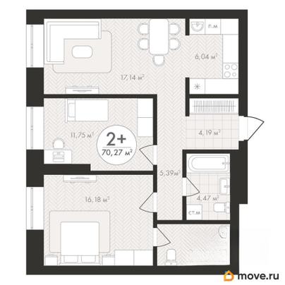 2-комн. квартира, 70.27 м&sup2;