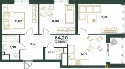 3-комн. квартира, 64.2 м&sup2;
