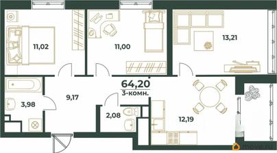 3-комн. квартира, 64.2 м&sup2;