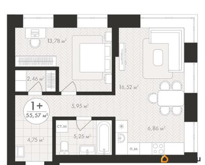 1-комн. квартира, 55.57 м&sup2;