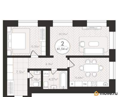 2-комн. квартира, 61.54 м&sup2;