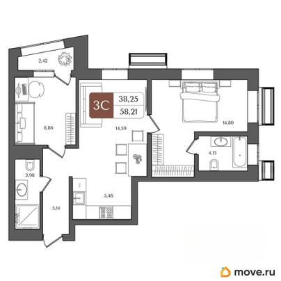 3-комн. квартира, 58.21 м&sup2;