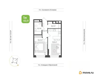 1-комн. квартира, 43.9 м&sup2;