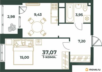 1-комн. квартира, 37.07 м&sup2;