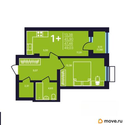 1-комн. квартира, 47.46 м&sup2;