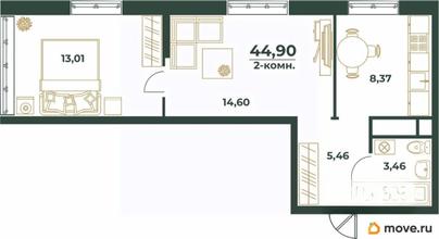 2-комн. квартира, 44.9 м&sup2;