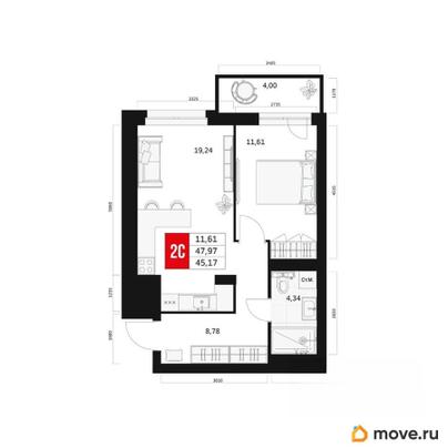 2-комн. квартира, 45.17 м&sup2;