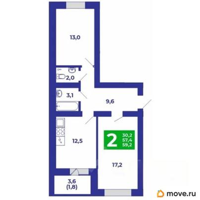 2-комн. квартира, 59.2 м&sup2;