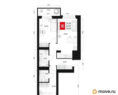 3-комн. квартира, 60.64 м&sup2;
