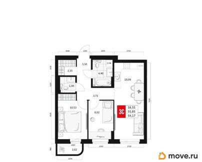 2-комн. квартира, 54.17 м&sup2;