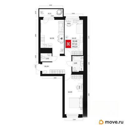 3-комн. квартира, 64.23 м&sup2;