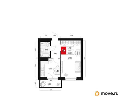 1-комн. квартира, 34.85 м&sup2;