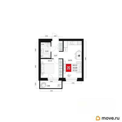 2-комн. квартира, 34.8 м&sup2;