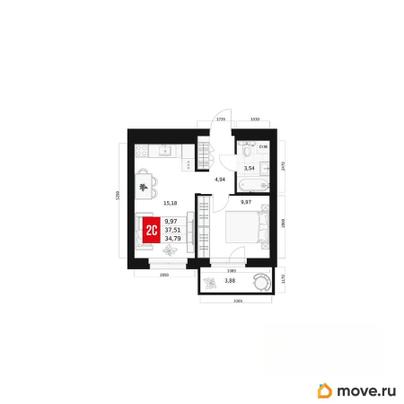 2-комн. квартира, 34.79 м&sup2;