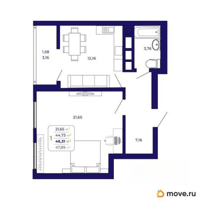 1-комн. квартира, 46.31 м&sup2;
