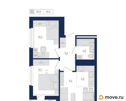 3-комн. квартира, 45.4 м&sup2;