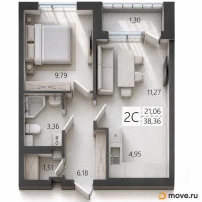 2-комн. квартира, 38.36 м&sup2;