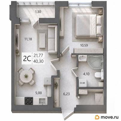 2-комн. квартира, 40.3 м&sup2;
