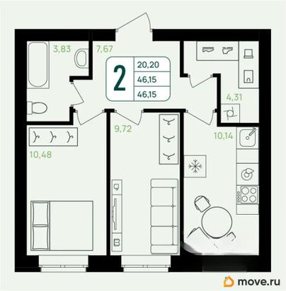 2-комн. квартира, 46.15 м&sup2;