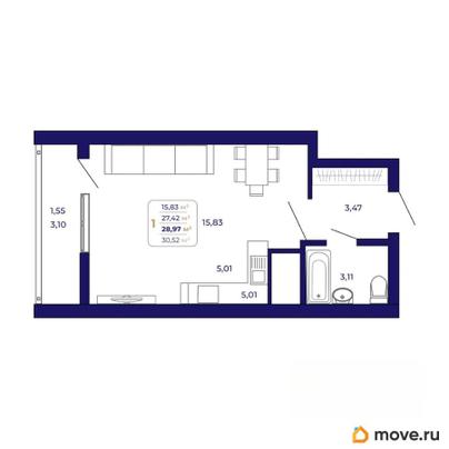 1-комн. квартира, 29.2 м&sup2;