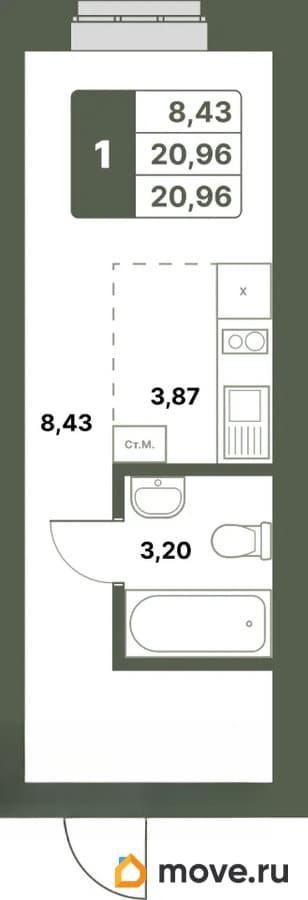1-комн. квартира, 20.96 м&sup2;