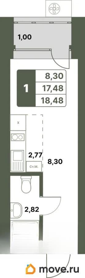 1-комн. квартира, 18.48 м&sup2;