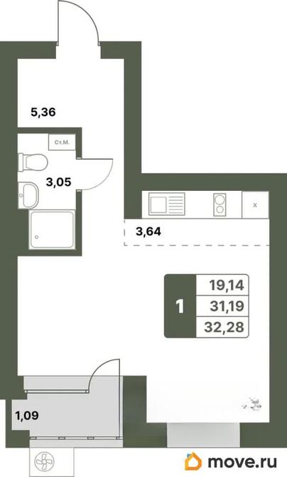 1-комн. квартира, 32.28 м&sup2;