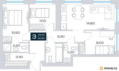 3-комн. квартира, 60.8 м&sup2;