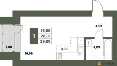 1-комн. квартира, 29.89 м&sup2;