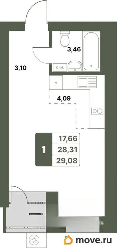1-комн. квартира, 29.08 м&sup2;