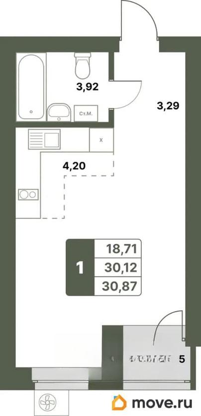 1-комн. квартира, 30.87 м&sup2;