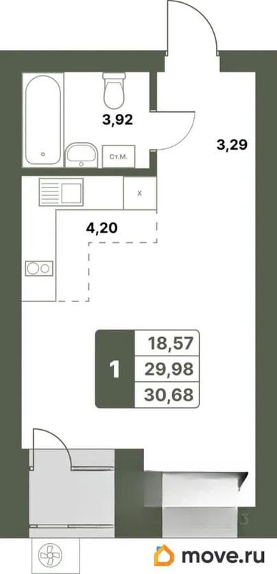 1-комн. квартира, 30.68 м&sup2;
