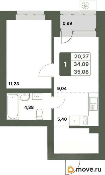1-комн. квартира, 35.08 м&sup2;