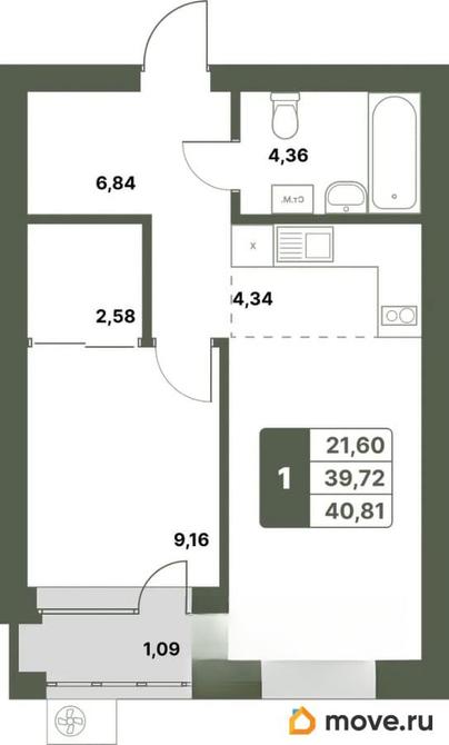 1-комн. квартира, 40.81 м&sup2;