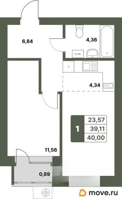 1-комн. квартира, 40 м&sup2;