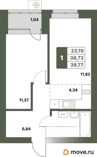1-комн. квартира, 39.77 м&sup2;