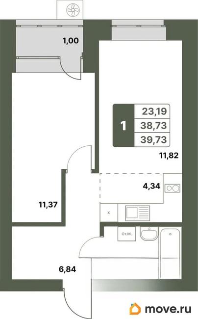 1-комн. квартира, 39.73 м&sup2;