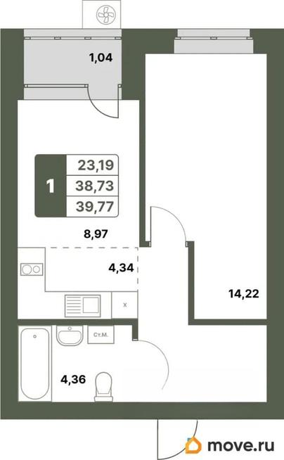 1-комн. квартира, 39.77 м&sup2;