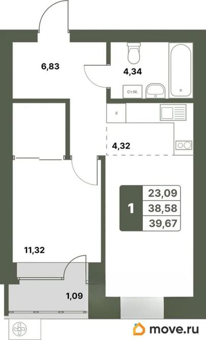 1-комн. квартира, 39.67 м&sup2;